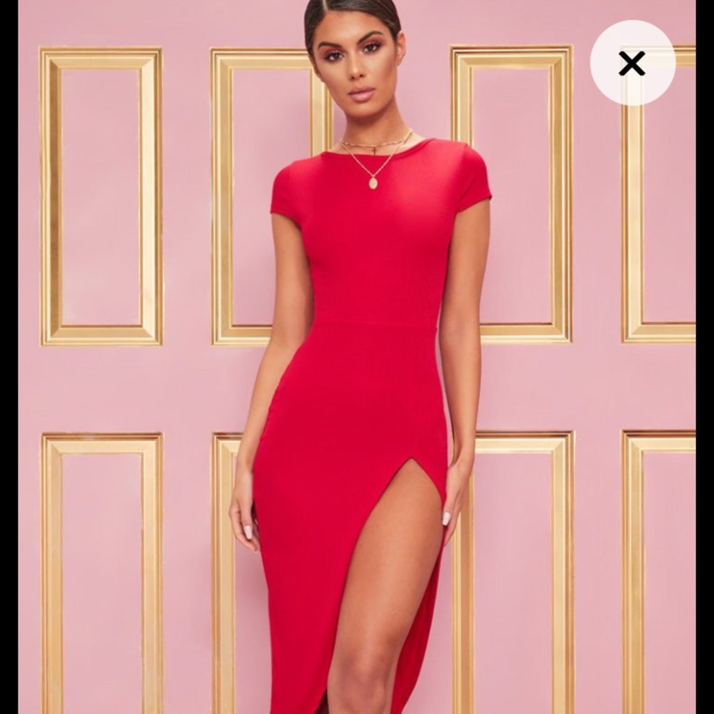 Robbed Red Extreme Split Cap Sleeve Midi Dress